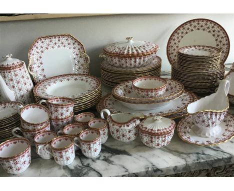 DINNER SERVICE, English fine bone china Spode, 'Fleur de Lys', red, twelve place, five piece settings (rimmed bowls and soup 