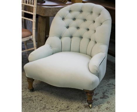 ARMCHAIR, Victorian pale blue twill upholstered with button back and turned front supports, 70cm W. 