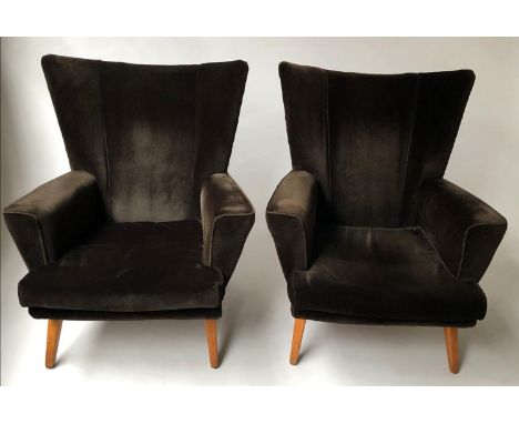HOWARD KEITH ARMCHAIRS, a pair, 1950's with velvet upholstery and splay supports, 85cm W. (2) 