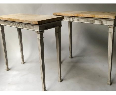 CONSOLE TABLES, a pair, Neoclassical style grey painted each with sienna marble top and fluted frieze, 91cm x 39cm x 81cm H. 