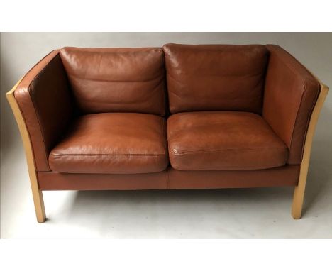 STOUBY SOFA, Danish two seater grained mid brown leather labelled 'Stouby', 150cm W. 