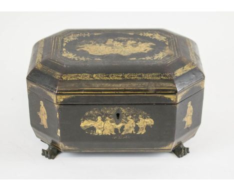 TEA CADDY, early 19th century Chinese export black lacquer and gilt decorated with engraved metal lidded cannisters, 13cm H x