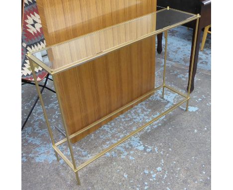 CONSOLE TABLE, gilt metal with glass top, 102cm x 27cm x 77cm. 