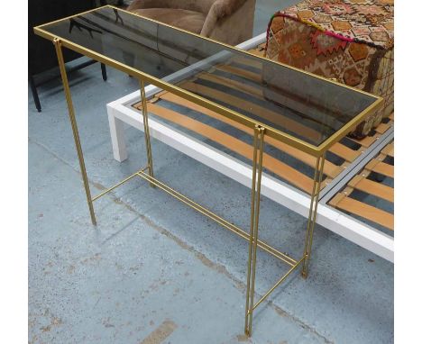 CONSOLE TABLE, smoked glass top, gilt metal frame, 107.5cm x 33.5cm x 79cm. 