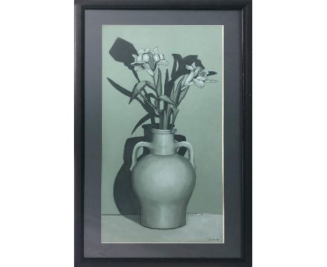 S. GOOD 'Irises in an Amphora', charcoal heightened in white on celadon paper, signed lower right, 65cm x 30cm, framed. 