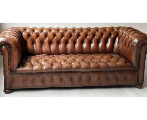 CHESTERFIELD SOFA, antique hand finished leaf brown deep button upholstered leather with rounded arms, 200cm W. 