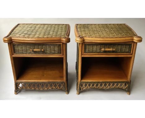 BEDSIDE/LAMP TABLES, a pair, vintage dual colour rattan and bound with drawer, 59cm H x 56cm W x 46cm D. (2) 