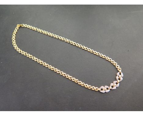 A bi-colour fancy-link necklace with three central diamond-set panels - Tests as higher carat gold - Length 44cms - Weight ap