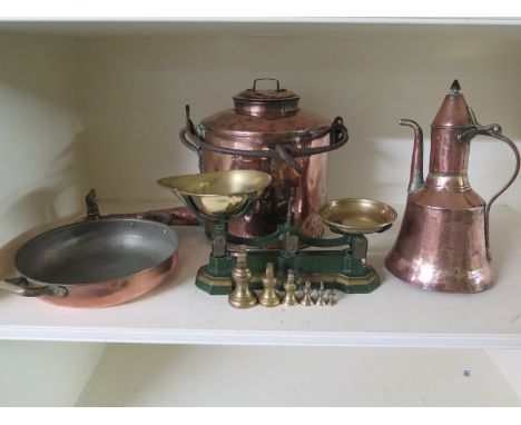 A brass samovar, scales, brass Isnik coffee/tea pot