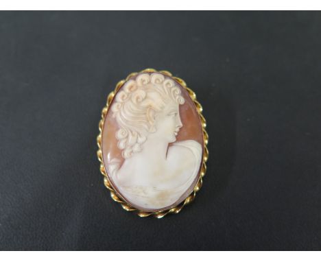 A shell cameo brooch - Within a twist surround - Stamped 9ct - Length 5.5cms - Weight approx 15.9gms
Condition Report: Good -