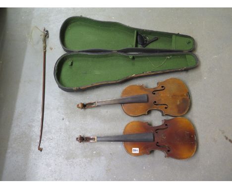 Two violins with Antonius Stradivarius Cremonensis labels both with 36cm backs - with hard case and bow un named - both with 