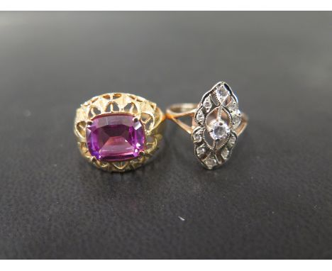 A 14ct gold pink sapphire single-stone ring - Sapphire possibly synthetic - Hallmarked Sheffield - Ring size O 1/2 - Together