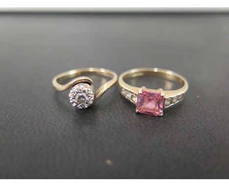 Two 9ct gold gem-set dress rings - To include an illusion-set diamond single-stone ring - Size M 1/2 - Together with a cubic 