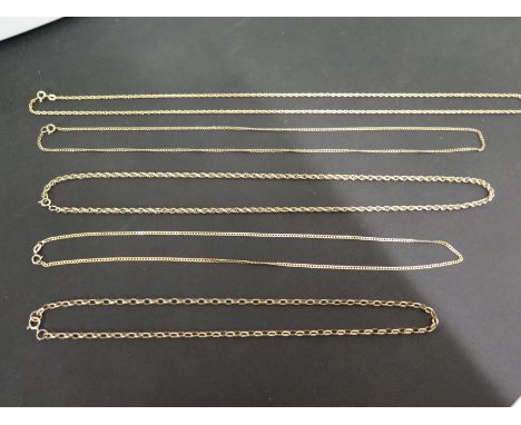 Five assorted chains - All with marks indicating 9ct gold - Lengths 40- 61cms - Total weight approx 23.7gms
Condition Report: