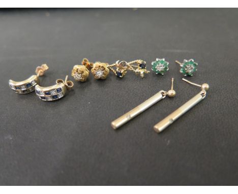 Five pairs of gem-set earrings - To include emerald, sapphire and diamond - All with marks indicating 9ct gold - Total weight