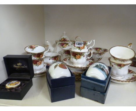 A Royal Albert Old Country Roses six setting tea service with centre bowl, two Royal Worcester egg coddlers and a crummles po