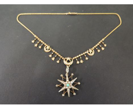 A late 19th-early 20th century 15ct gold seed pearl and turquoise necklace - The seed pearl and turquoise openwork cluster su