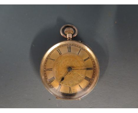 An early 20th century 18k gold top wind fob watch having engine turned dial with floriate decoration and Roman numerals, blue