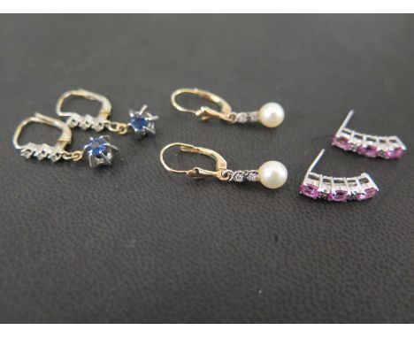 Three pairs of earrings - To include sapphire and diamond, cultured pearl and diamond, together with pink-gem and diamond - O