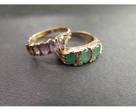 Two 9ct gold dress rings - one size L - Weight approx. 3gms - stones cloudy, minor usage wear and a five stone amethyst ring,