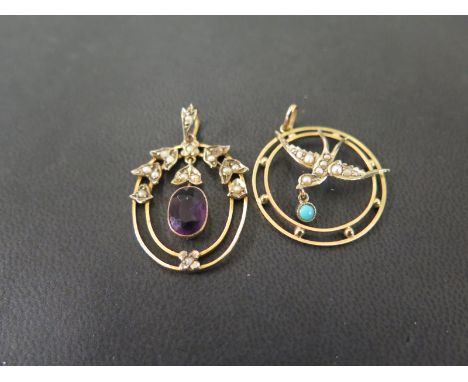 Two early 20th century 9ct gold openwork pendants - To include a seed pearl and turquoise swallow - Together with an amethyst