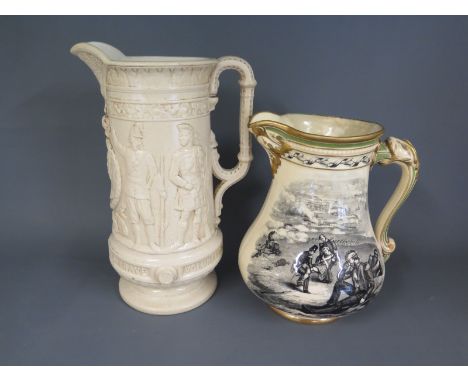 A Victorian Sandford pottery relief moulded tall jug with bust of Queen Victoria & military figures entitled - Our Army and N