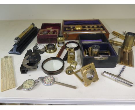 An Eclectic range of Scientific Instruments to include four Sikes's Hydrometer Buss in oblong mahogany case, rulers, magnifyi