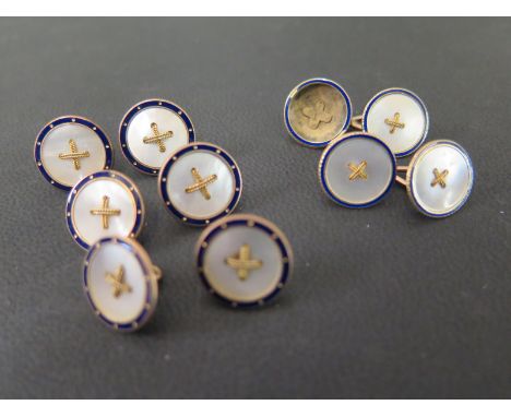 A gentleman's enamel and mother of pearl dress set - Comprising a pair of cufflinks and six dress studs - Stamped 9ct - Total