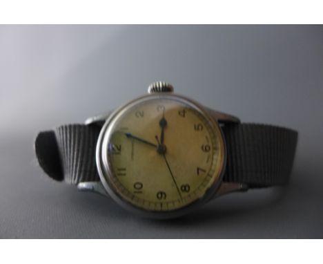 A World War II Longines RAF Pilots issue wristwatch having cream dial with Arabic numerals and minute track blue poire hands 