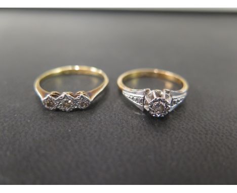 Two illusion-set diamond rings - To include a single-stone and a three-stone - Both stamped 18ct and plat - Ring sizes M and 