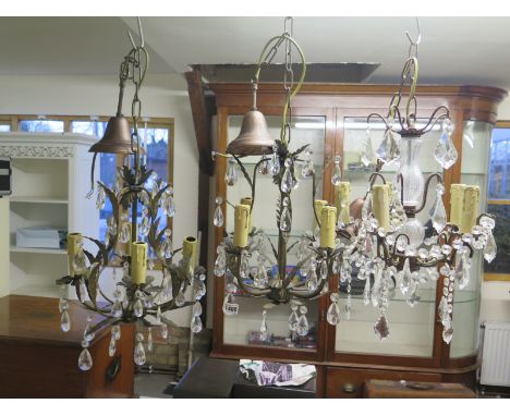 Electrolier and a pair of light fittings having glass pendants and beads to electrolier and vine leaf decoration to pair of l
