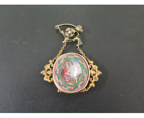 A diamond panel brooch - With central oval panel depicting a man and a dog, suspended from the foliate rose-cut diamond pin -