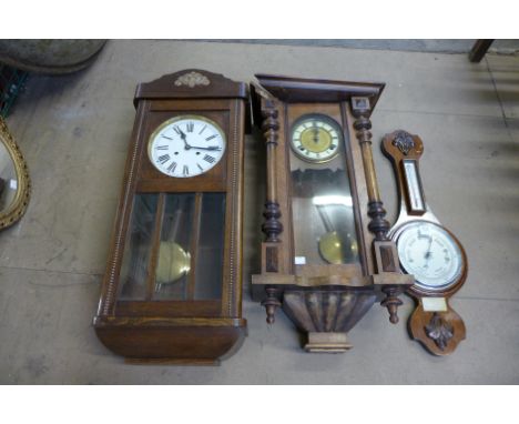 An oak wall clock, a beech Vienna wall clock and aneroid barometer