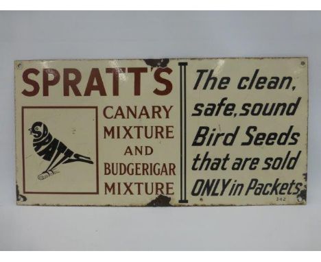 A Spratt's Canary Mixture and Budgerigar Mixture rectangular enamel sign, 24 x 12".