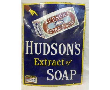 An unusual Hudson's Extract of Soap part pictorial rectangular enamel sign, depicting a hand pointing at a packet of soap, by