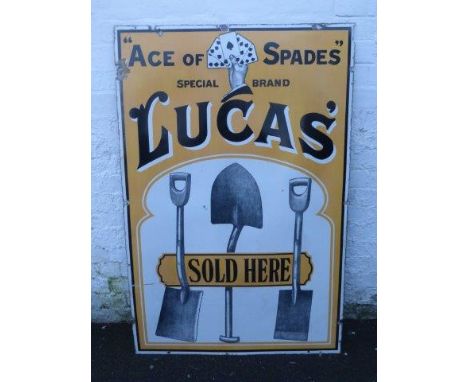 A large Lucas "Ace of Spades"Special Brand pictorial enamel sign, depicting three garden shovels, 36 x 54".