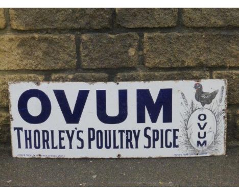 An Ovum Thorley's Poultry Spice part pictorial rectangular enamel sign by Wood and Penfold Ltd, London, 33 x 12".