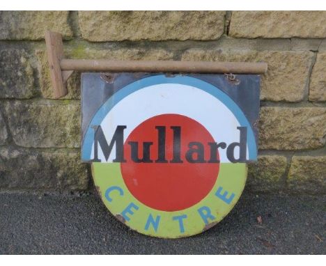 A Mullard Centre (for selling radios and radio valves) double sided enamel sign on a bracket, 18 x 17".