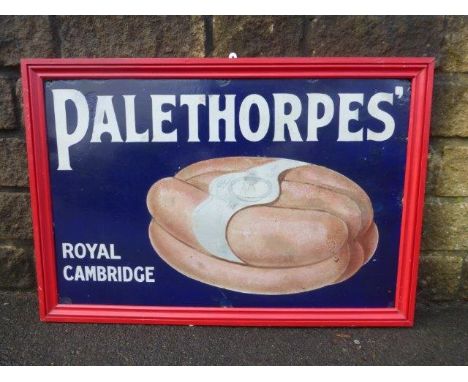 A Palethorpes' pictorial enamel sign in wooden frame, with some restoration, 38 3/4 x 26 1/2".