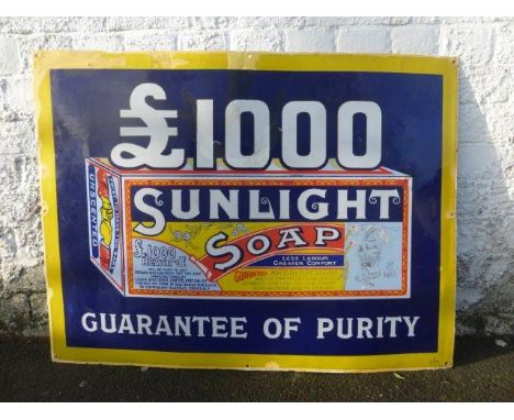 A Sunlight Soap "£1,000" "Guarantee of Purity" pictorial packet enamel sign, with some retouching, 36 x 27".