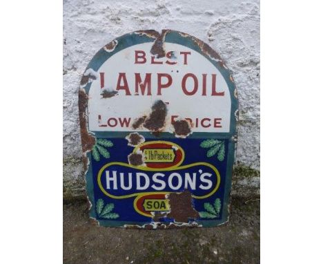 A small Hudson's Soap "Best lamp oil" dome topped enamel sign, 10 1/2 x 14".