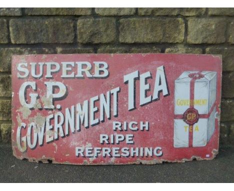 A "Superb G.P. Government Tea" pictorial packet rectangular enamel sign, 48 x 24"