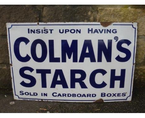 A Coleman's Starch rectangular enamel sign by Patent Enamel, 24 x 16".
