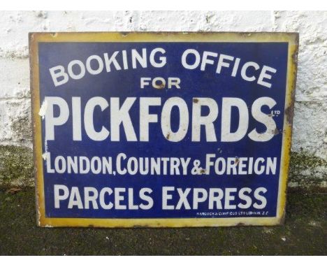 A Pickfords Ltd Booking office double sided enamel sign with hanging flange, by Hancock & Corfield Ltd, London, 16 1/2 x 12 1
