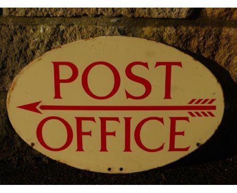 An oval Post Office directional double sided enamel sign post box pediment, 18 x 11 1/2".