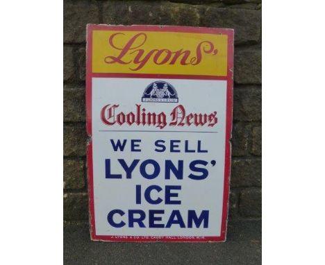 A Lyons' rectangular enamel sign "Cooling News, we sell Lyons' Ice Cream" 22 3/4 x 34 3/4".