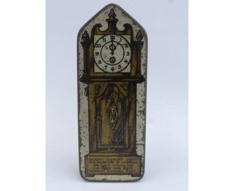 A miniature tin with a longcase clock design to the lid, bearing the rhyme "Dickory Dickory Dock....".