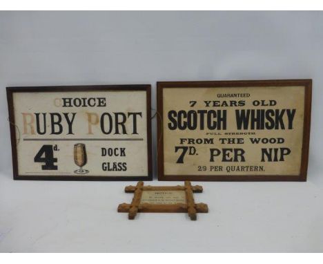 A pair of oak framed pub signs - "Choice Ruby Port"and "Scotch Whisky, 7d per Nip", each 22 1/4 x 15"; also two smaller pub i