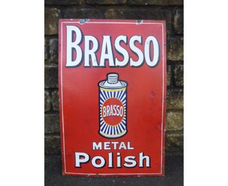 A Brasso Metal Polish pictorial enamel sign with central can image, and a couple of spots of retouching, 24 x 36".