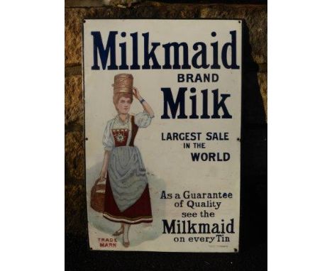 A Milkmaid Brand Milk pictorial enamel sign by Chromo, with some restorations, 16 x 24".